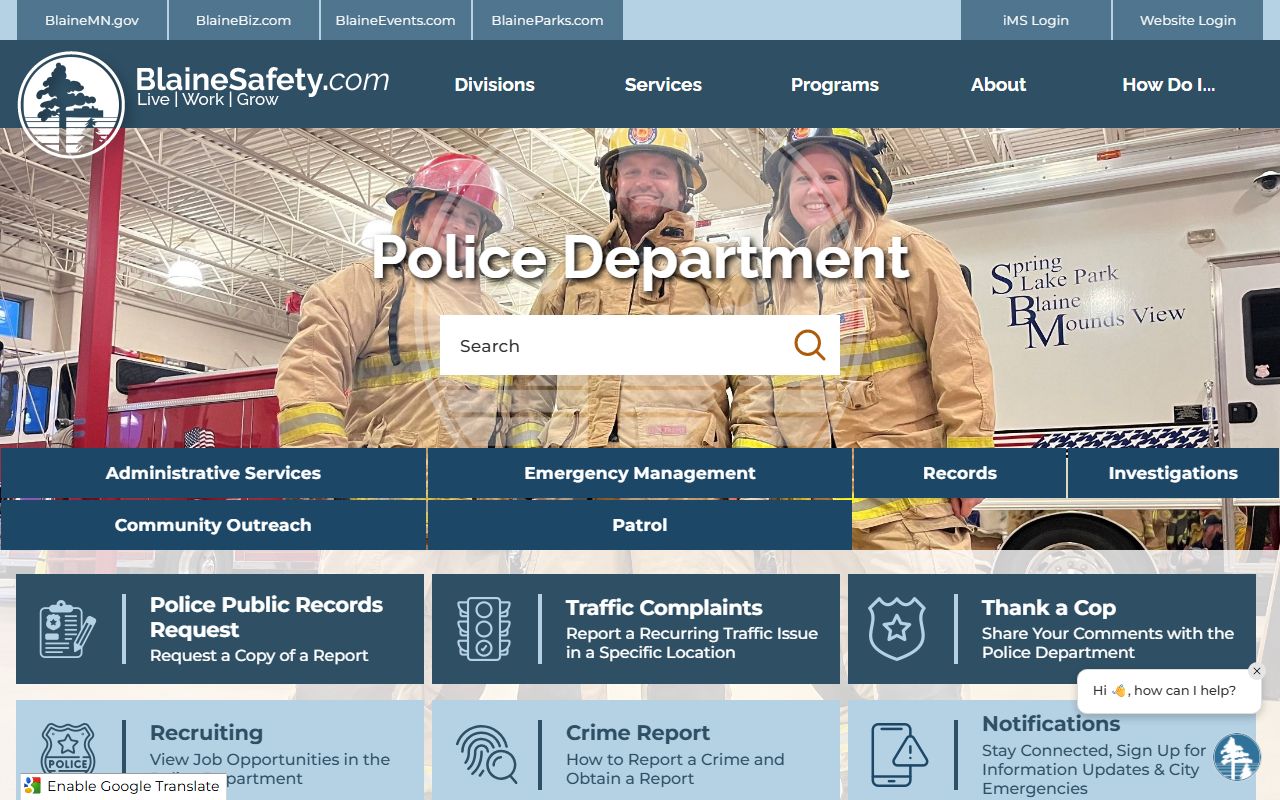 Blaine Police Department criminal history records