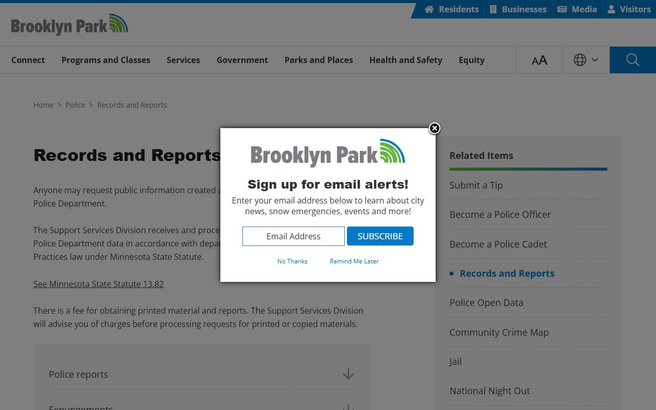 Brooklyn Park criminal history police records request