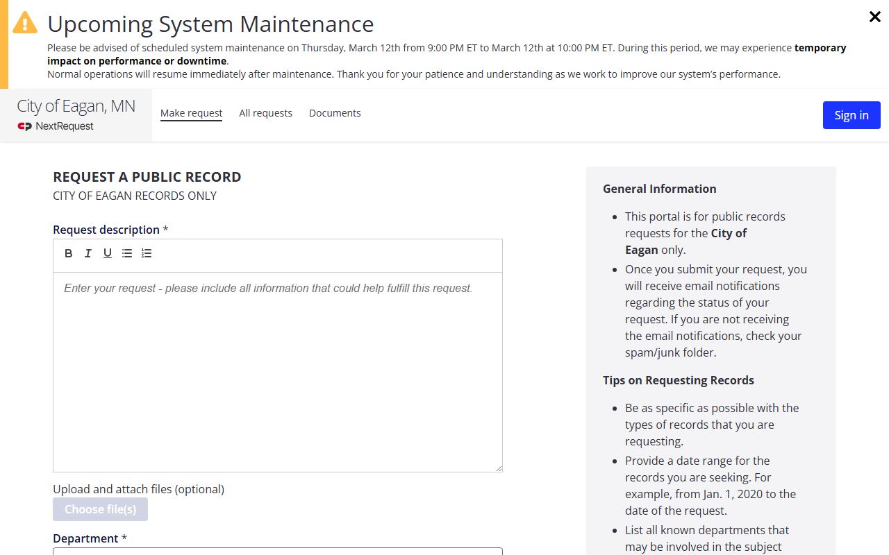 Eagan Police Department criminal history records portal