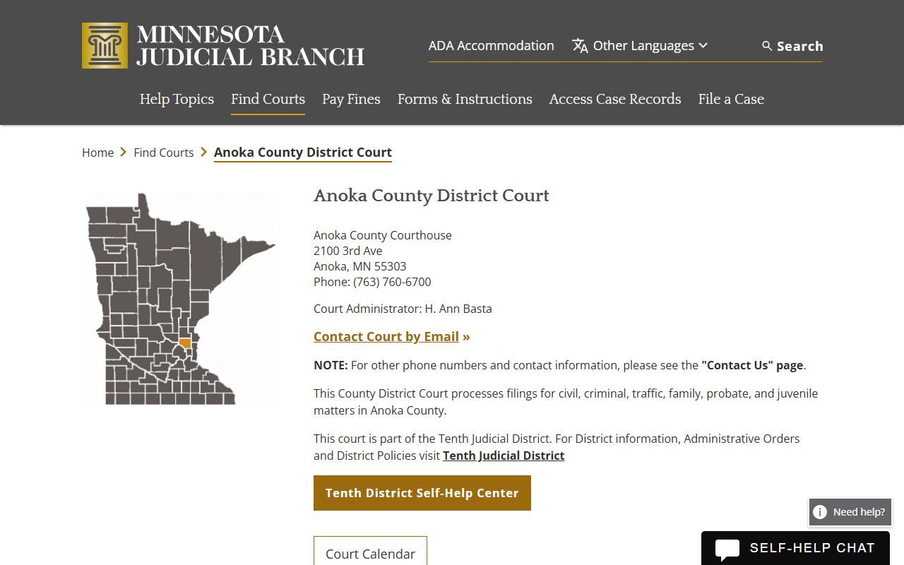 Anoka County District Court page on Minnesota Courts for criminal history searches