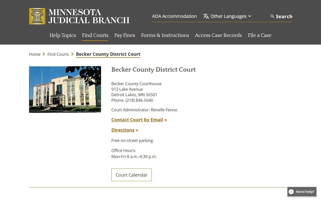 Becker County District Court page on Minnesota Courts website for criminal history