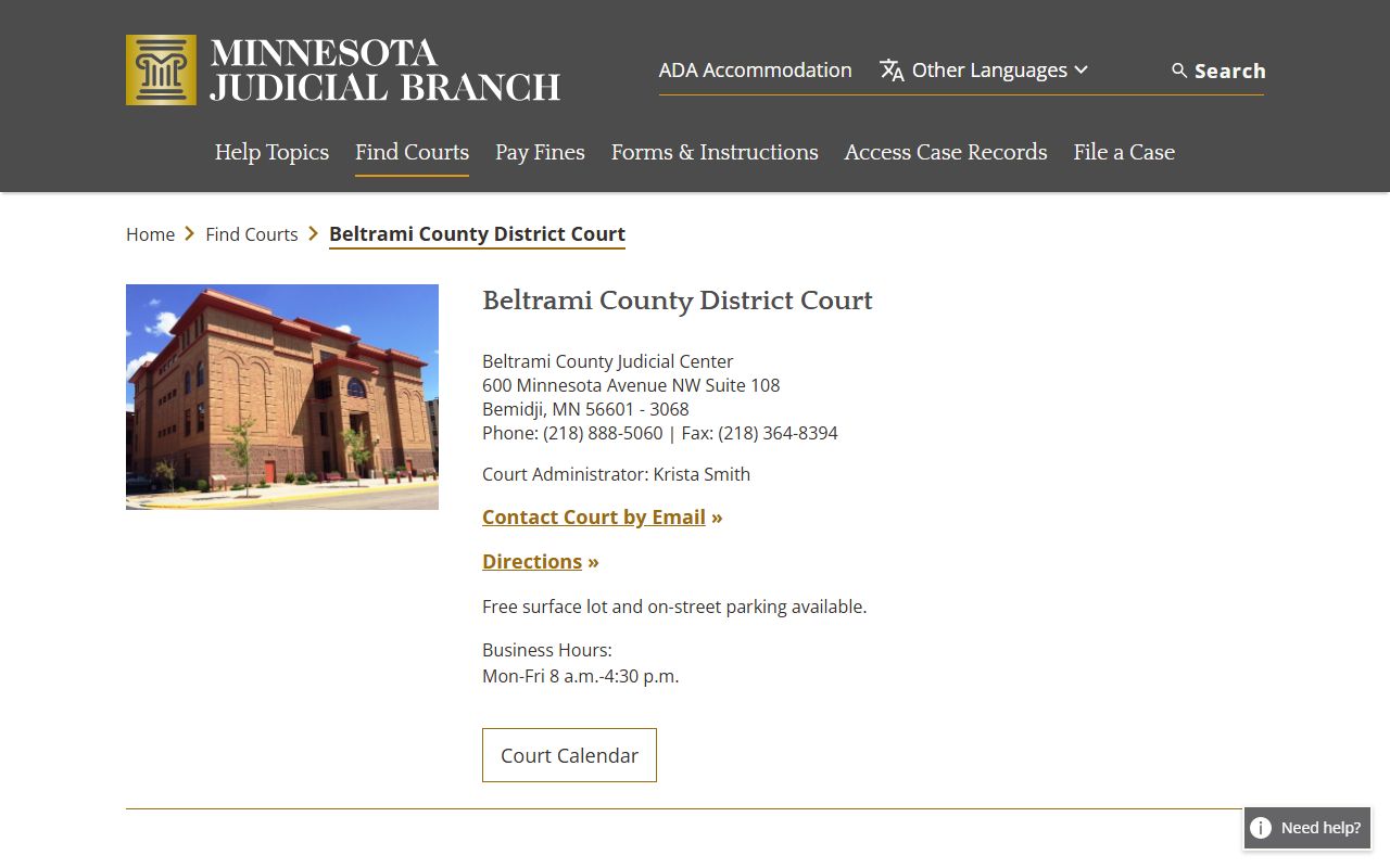 Beltrami County District Court listing on Minnesota Courts website for criminal history access