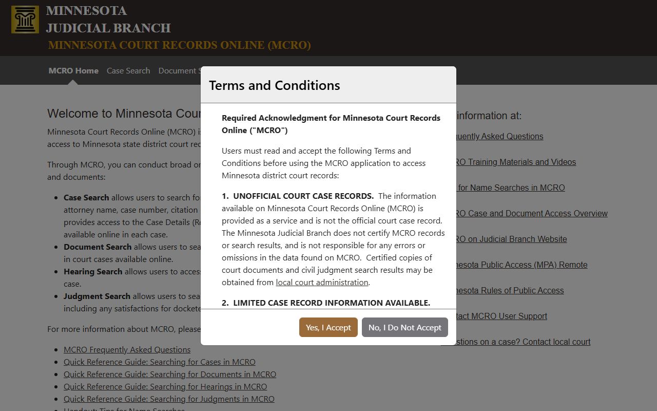 MCRO portal for searching Beltrami County criminal history records online