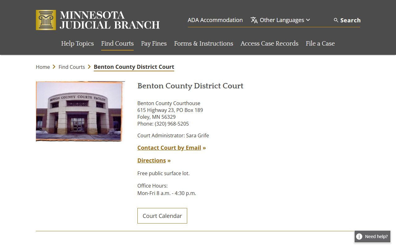 Benton County District Court page on Minnesota Courts website for criminal history searches