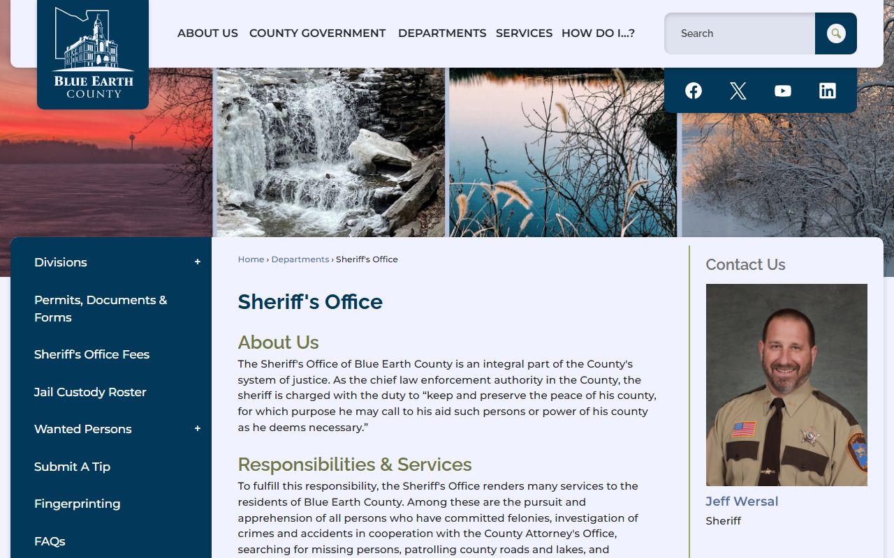 Blue Earth County Sheriff Office website showing criminal history and public safety tools