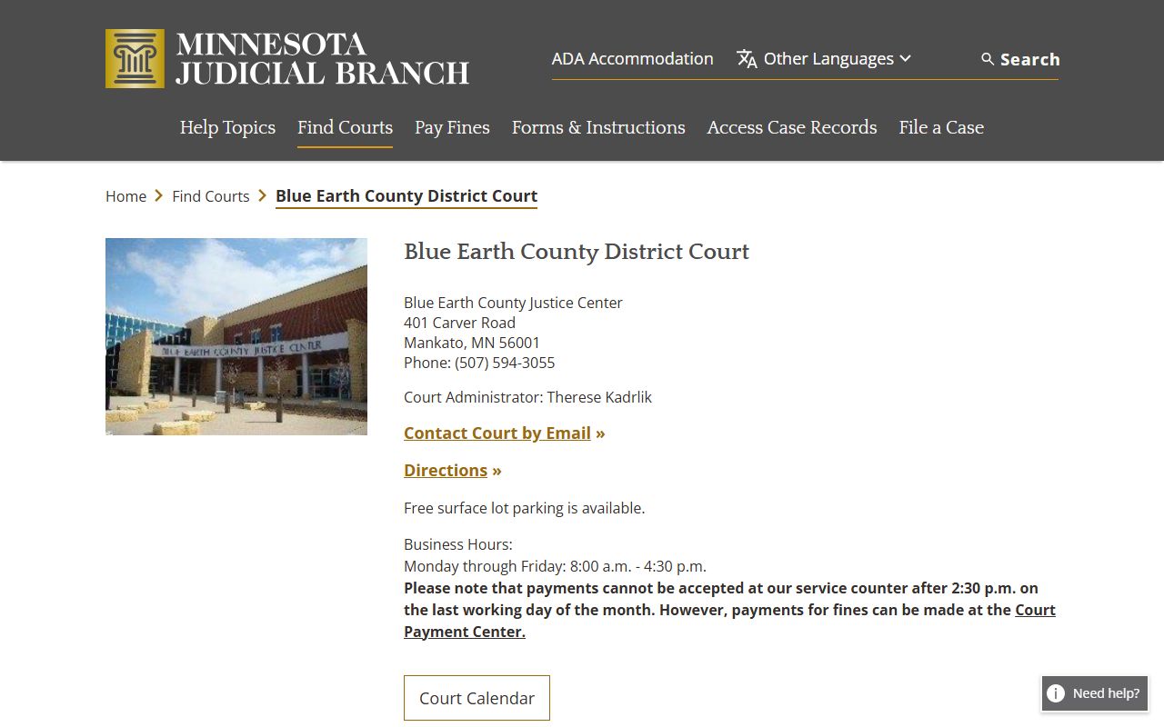 Blue Earth County District Court page on Minnesota Courts for criminal history case access