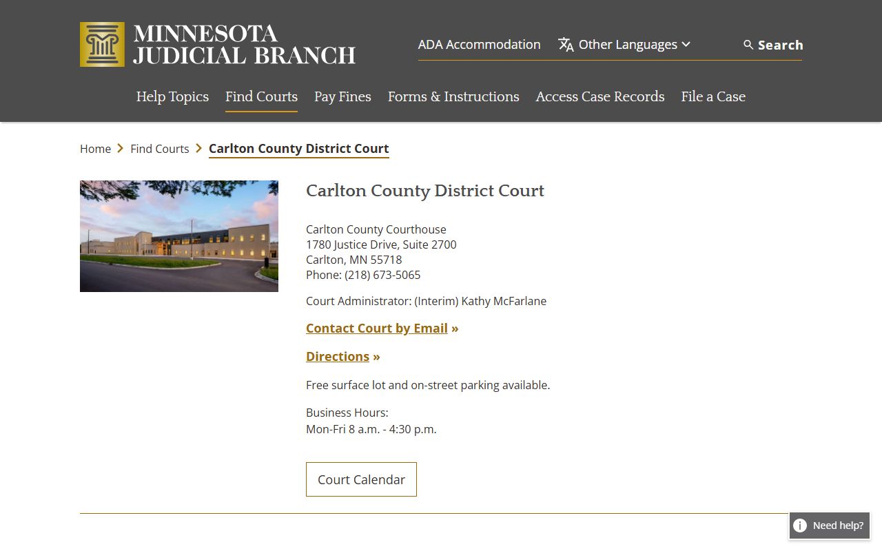 Carlton County District Court page on Minnesota Courts for criminal history access