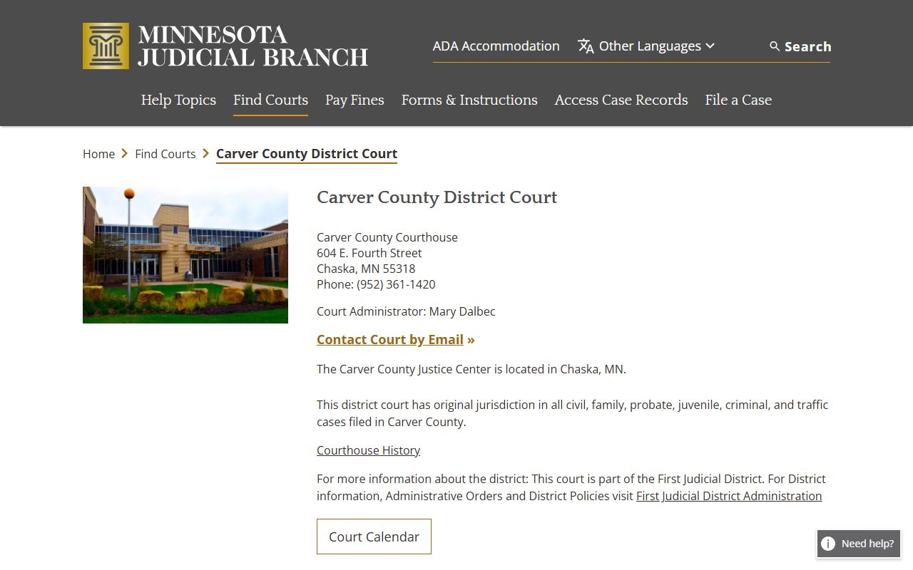 Carver County District Court page on Minnesota Courts for criminal history case search