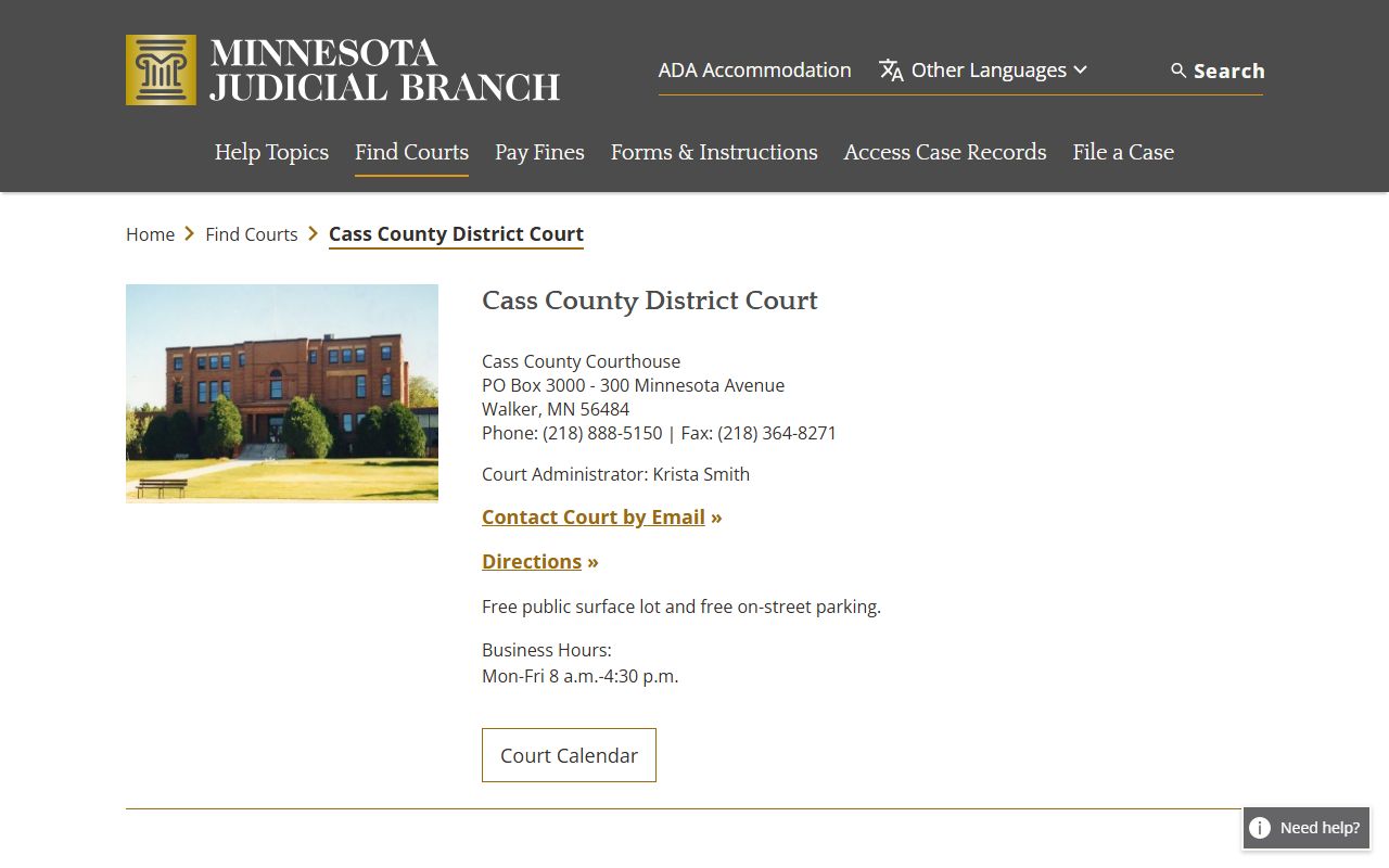 Cass County District Court page for criminal history records
