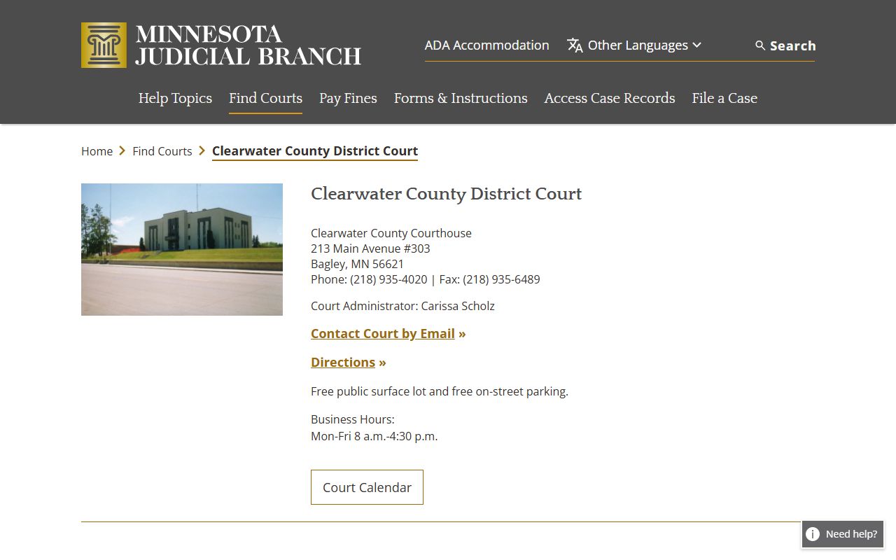 Clearwater County District Court page for criminal history records