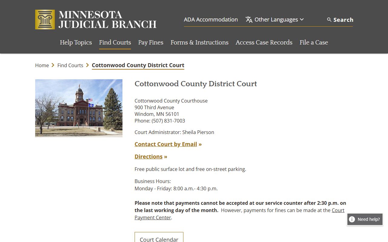 Cottonwood County District Court page on Minnesota Courts for criminal history case access