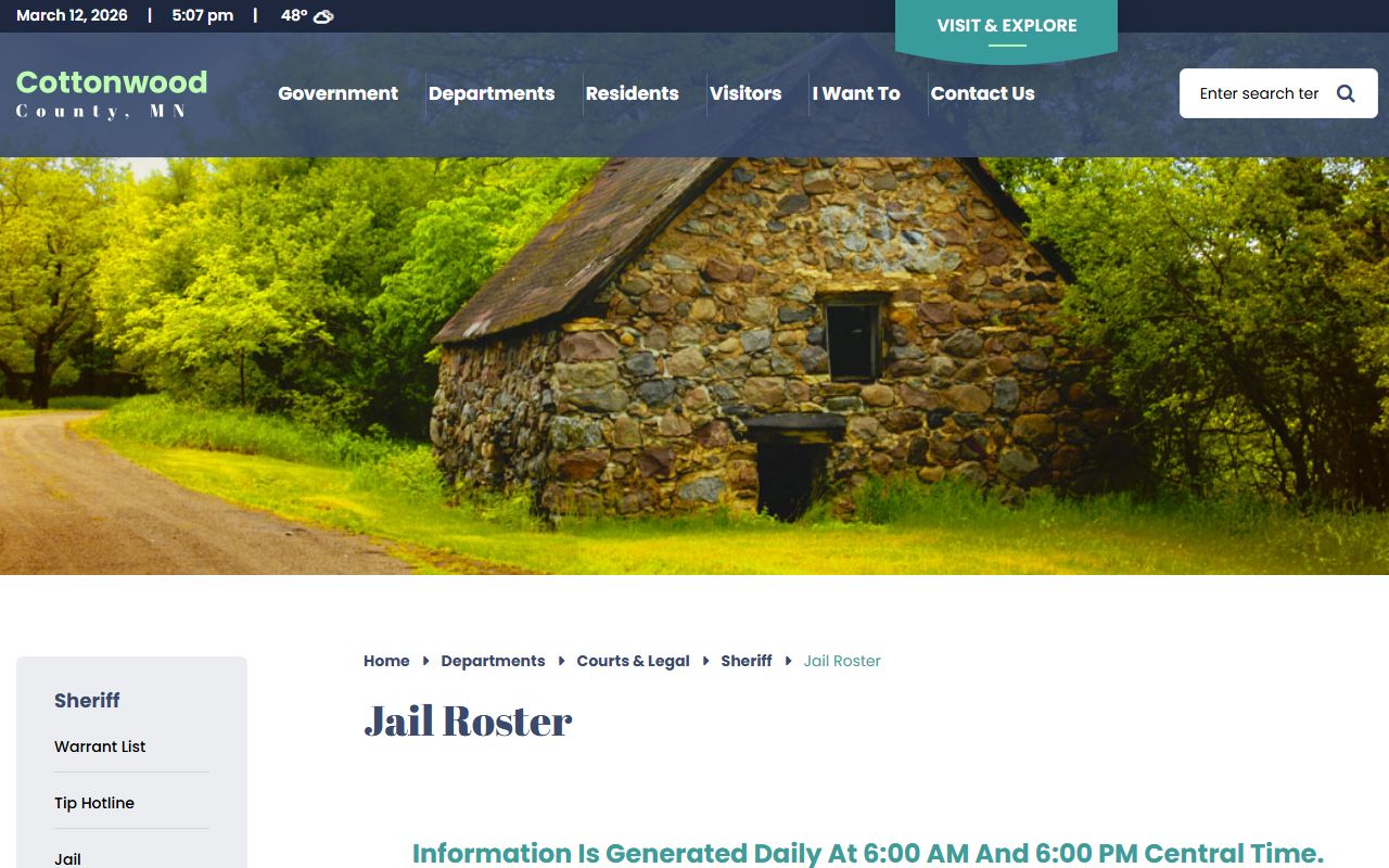 Cottonwood County jail roster page showing current inmate booking data updated twice daily