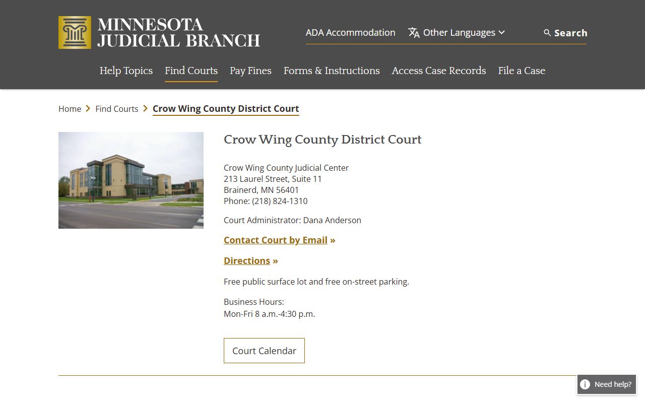 Crow Wing County District Court page on Minnesota Courts for criminal history and case access