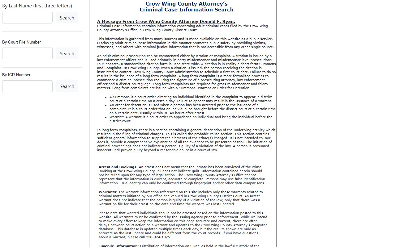 Crow Wing County LENS local court case and warrant search for criminal history