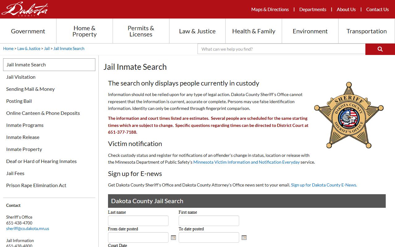 Dakota County jail inmate search tool showing booking records and criminal history