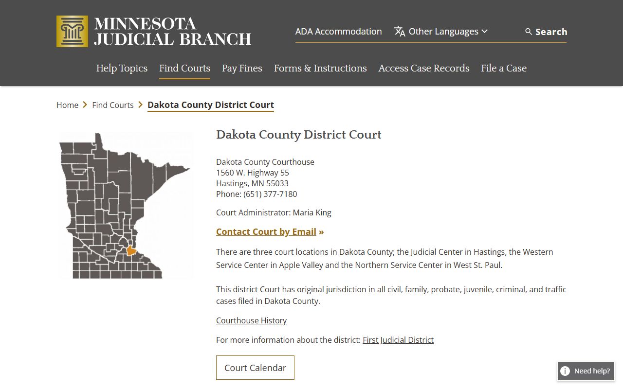 Dakota County District Court information page showing criminal history resources