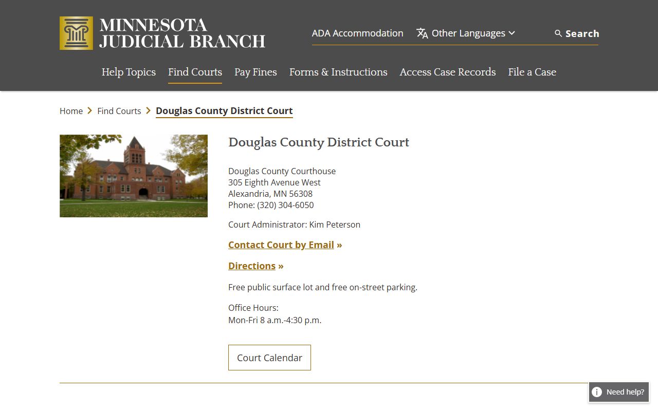 Douglas County District Court page on mncourts.gov showing criminal history resources