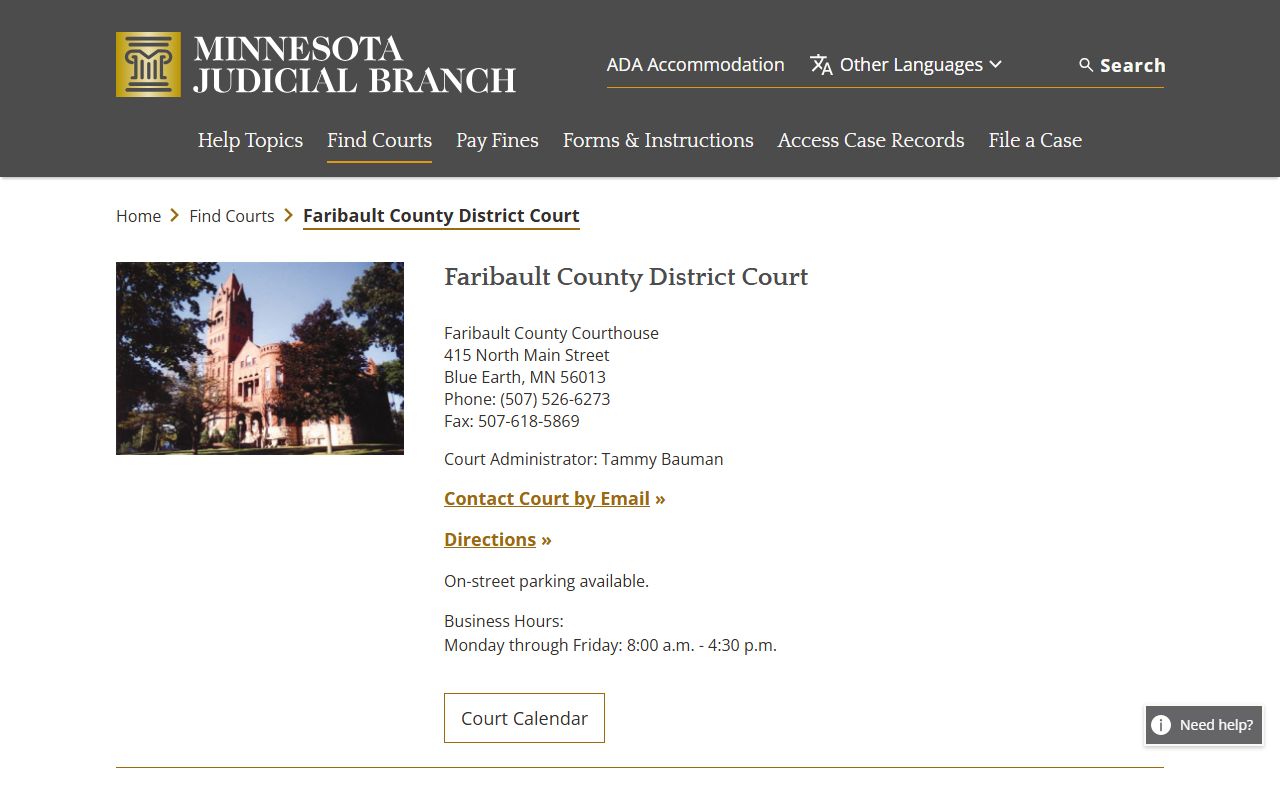 Faribault County District Court page with criminal history case information