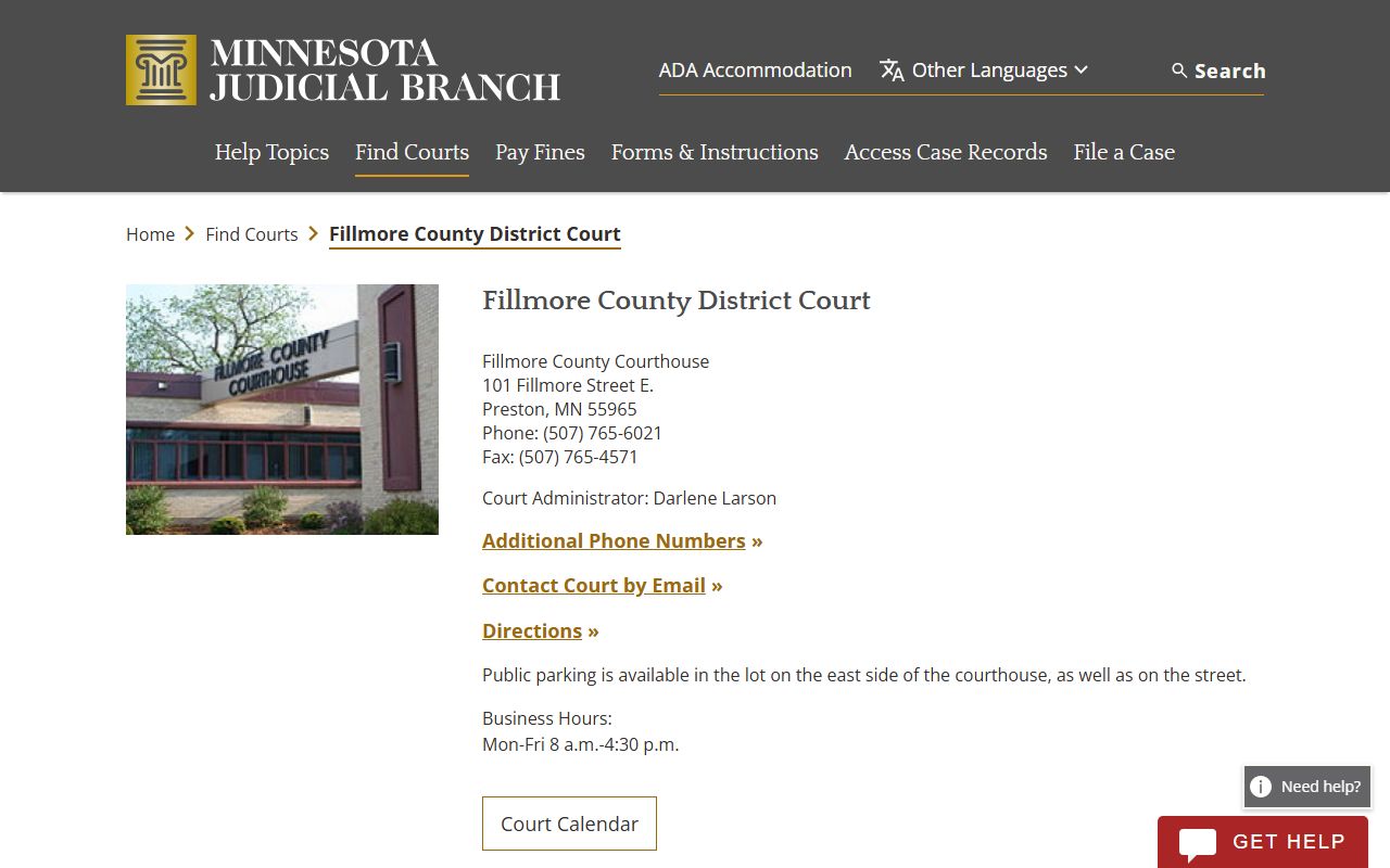 Fillmore County District Court page showing criminal history case search resources
