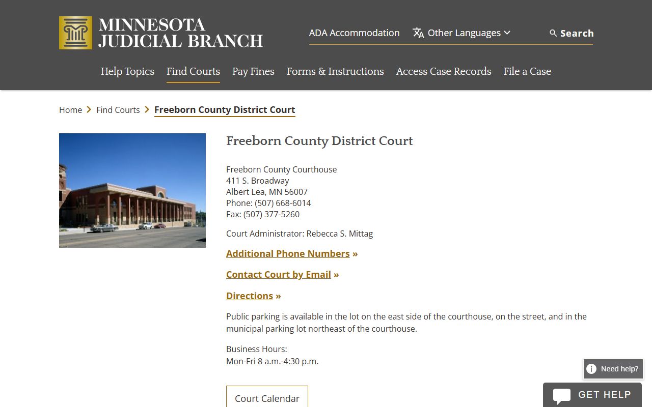 Freeborn County District Court page showing criminal history case search resources