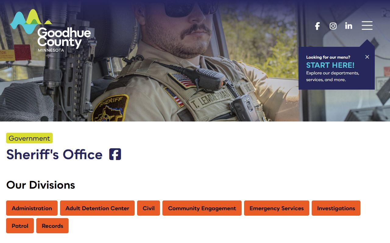 Goodhue County Sheriff's Office website showing criminal history resources and contact information