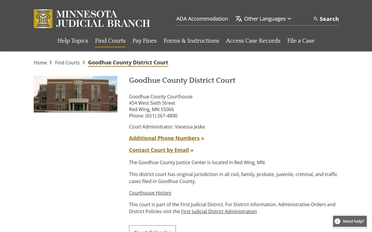 Goodhue County District Court page with criminal history case search resources