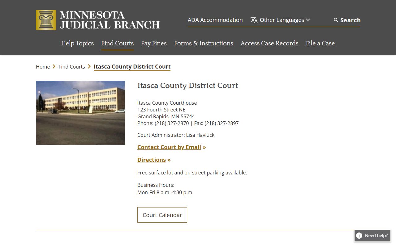 Itasca County District Court page on Minnesota Courts website