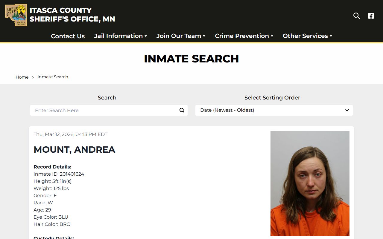 Itasca County Sheriff inmate search page for criminal history and custody status