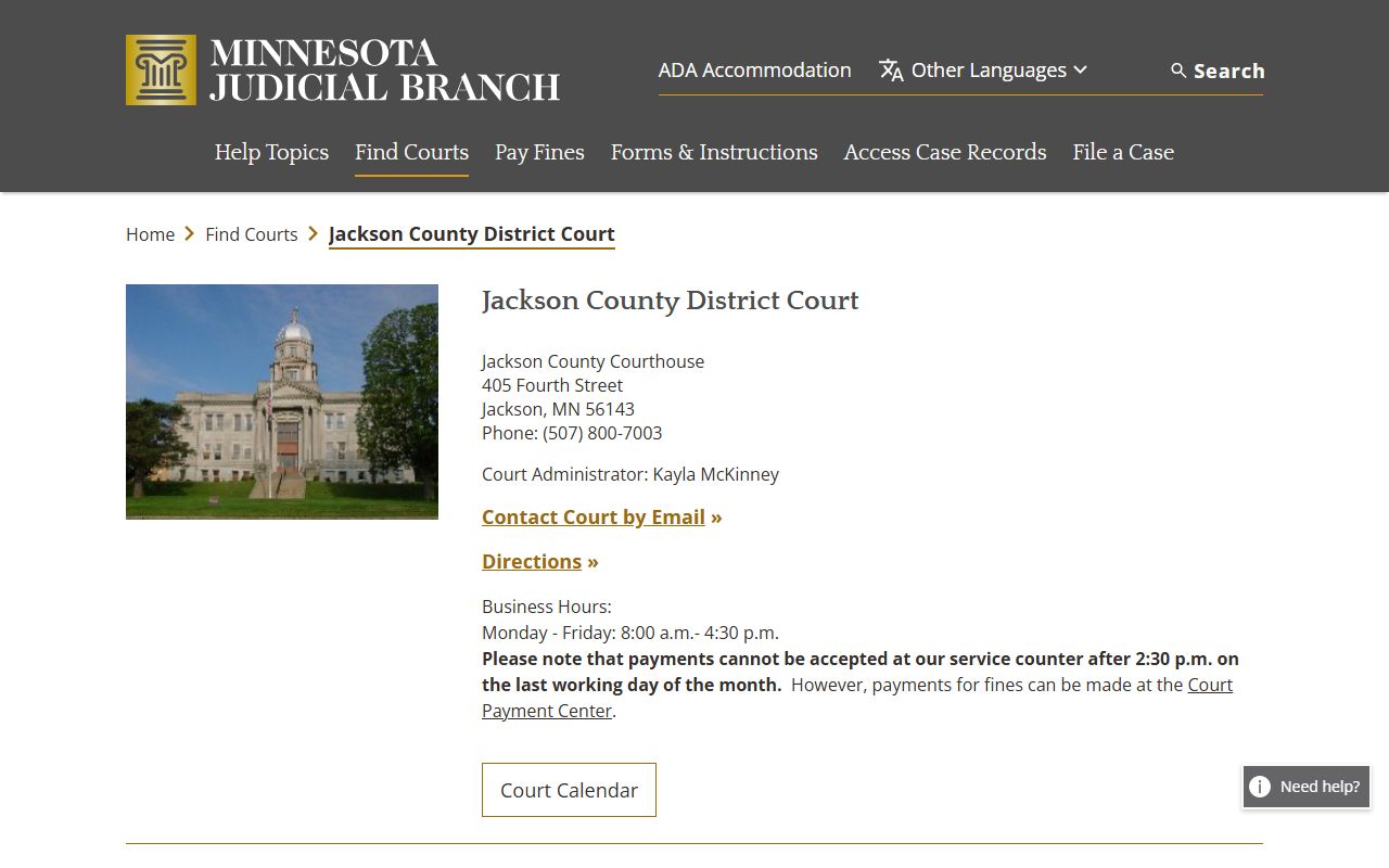 Jackson County District Court page on Minnesota Courts website