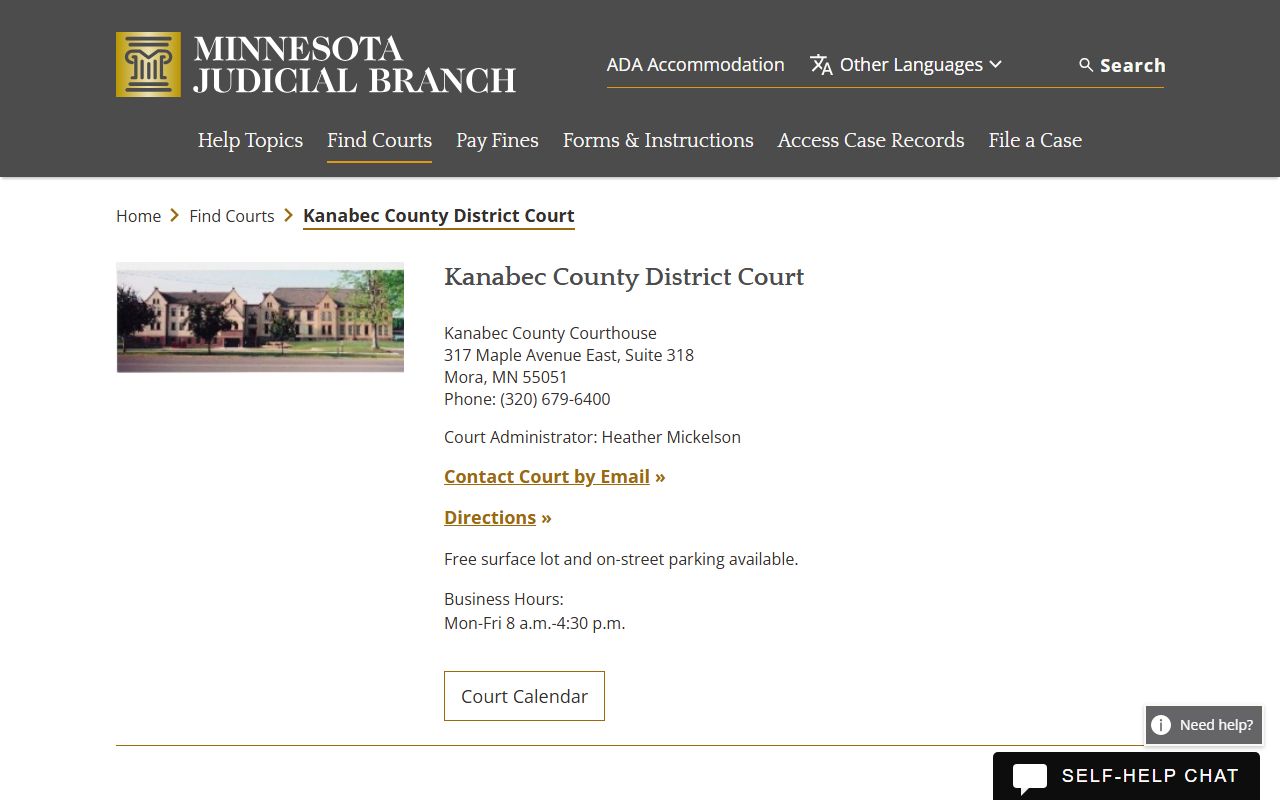 Kanabec County District Court page on Minnesota Courts website