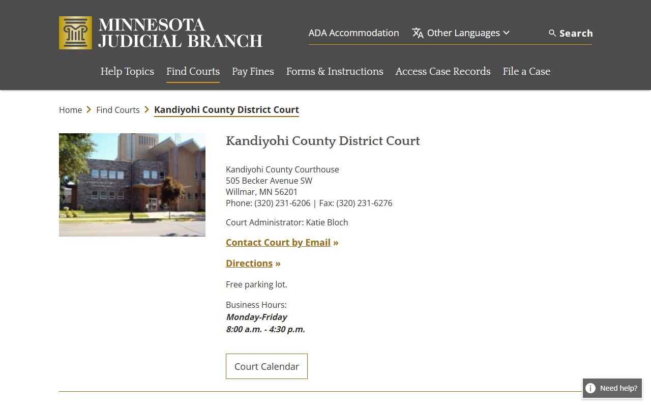 Kandiyohi County District Court page on Minnesota Courts website