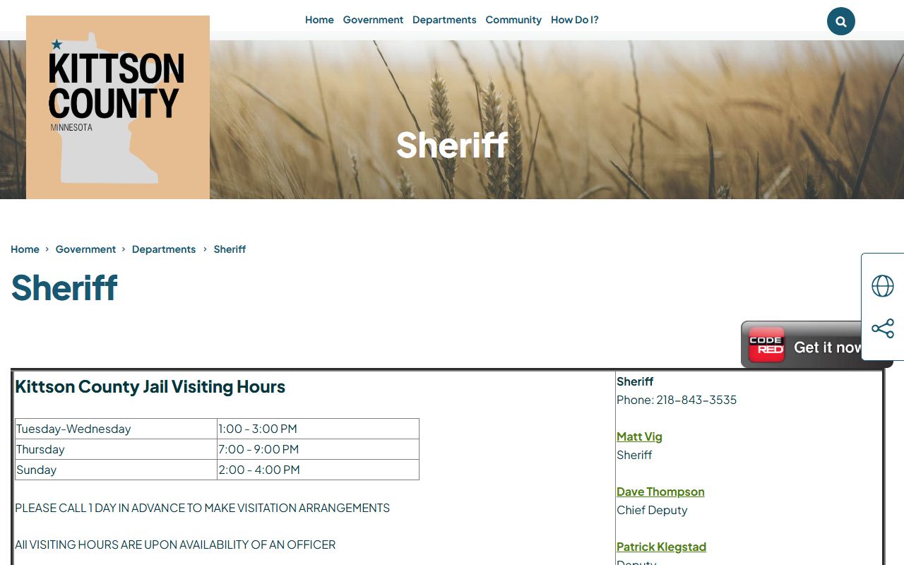Kittson County Sheriff's Office page for criminal history records and law enforcement contact