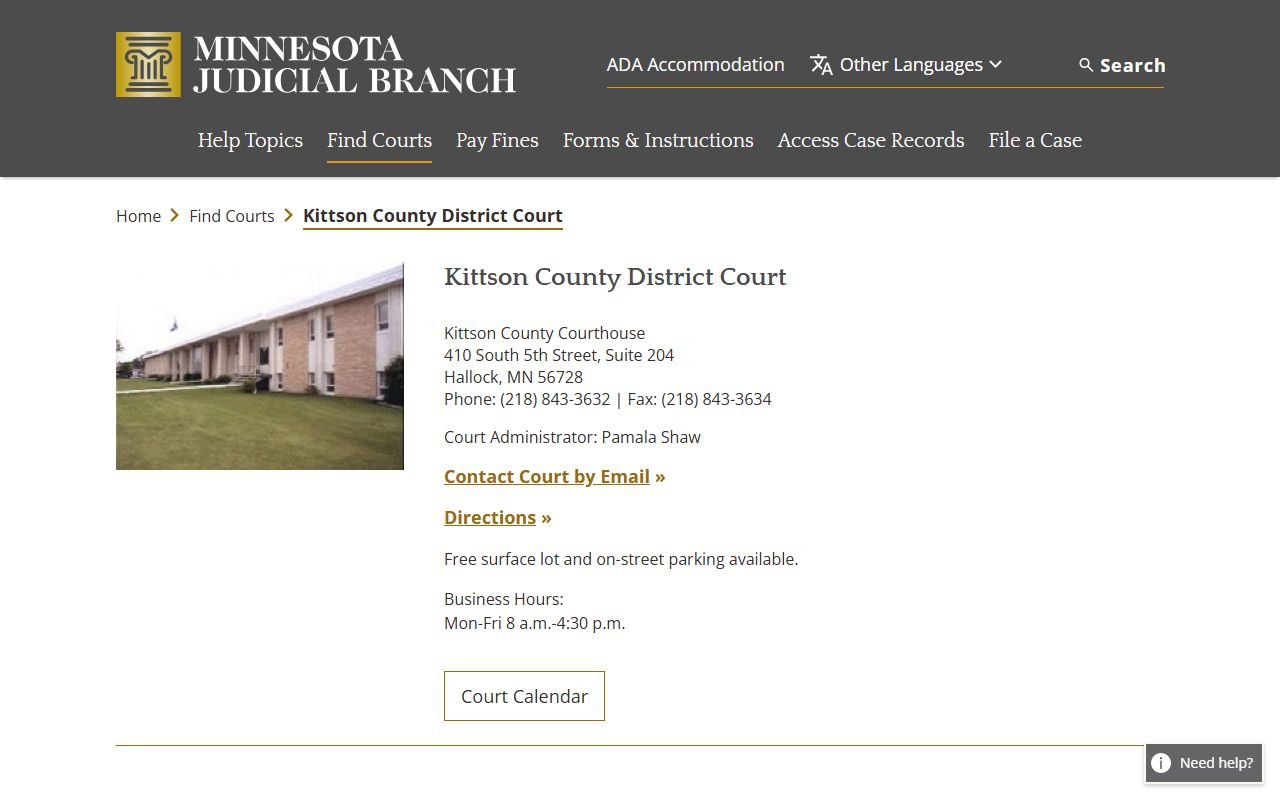 Kittson County District Court page on Minnesota Courts website
