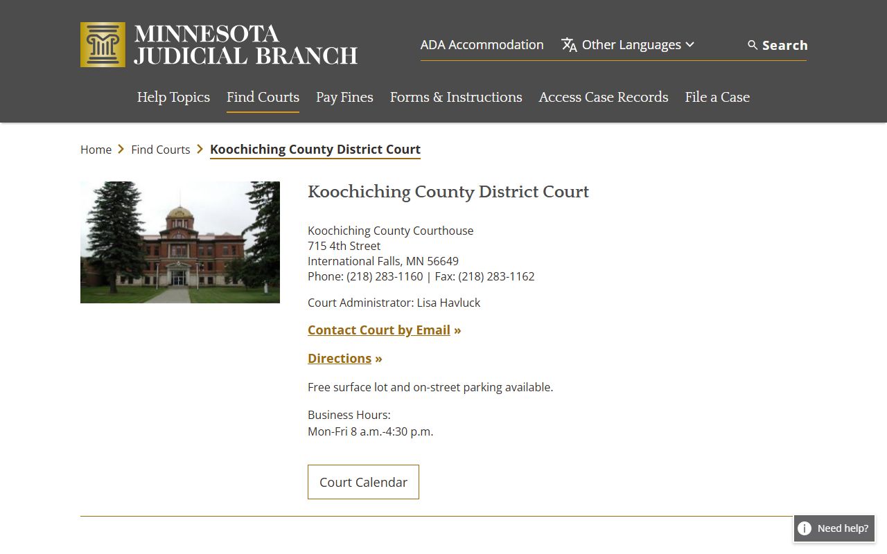 Koochiching County District Court page on Minnesota Courts website