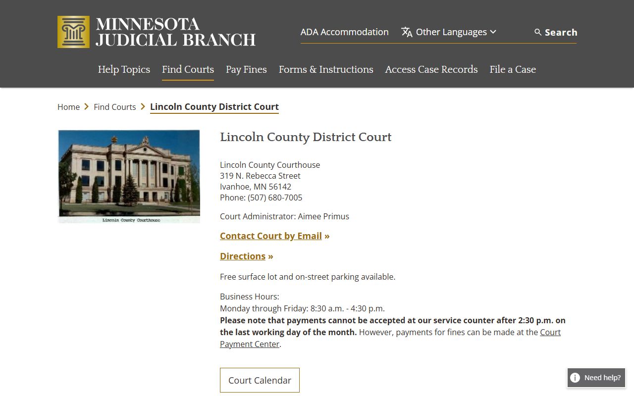 Lincoln County District Court page on Minnesota Courts website