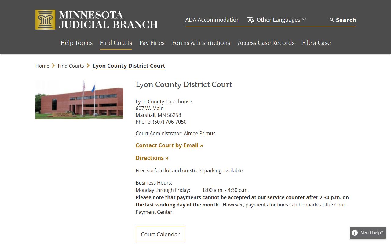 Lyon County District Court page on Minnesota Courts website