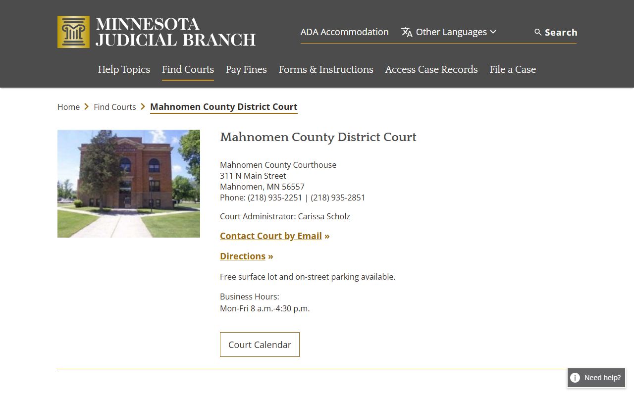 Mahnomen County District Court page on Minnesota Courts website
