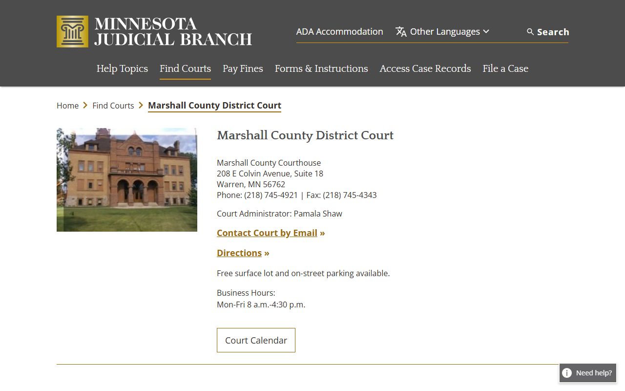 Marshall County District Court page on mncourts.gov