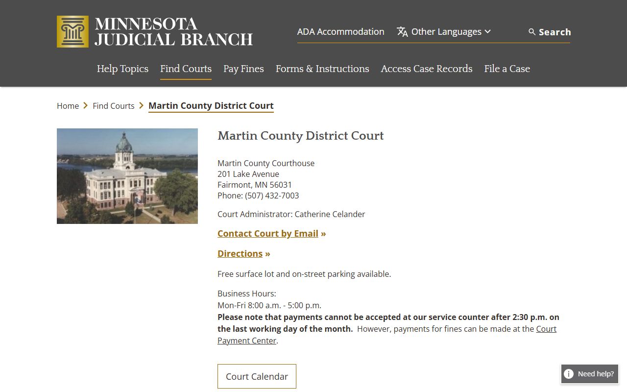 Martin County District Court page on mncourts.gov for criminal case access