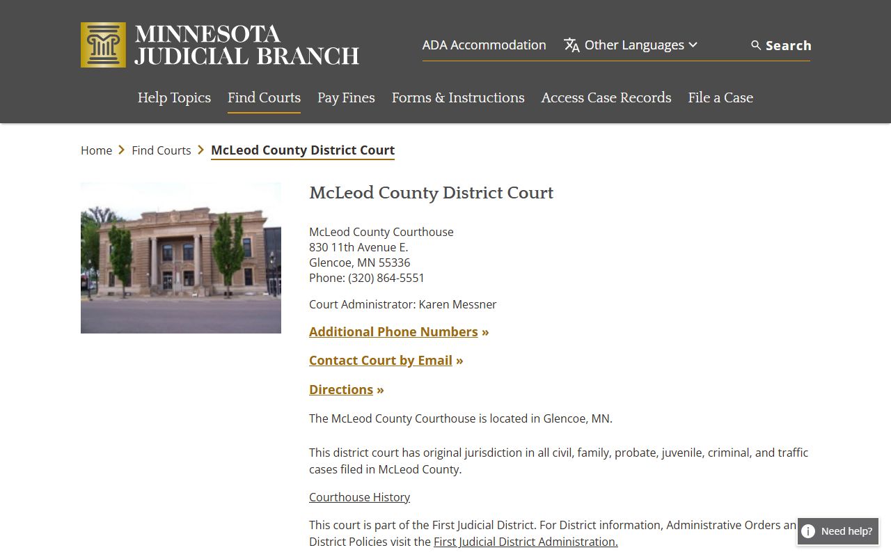 McLeod County District Court page on mncourts.gov