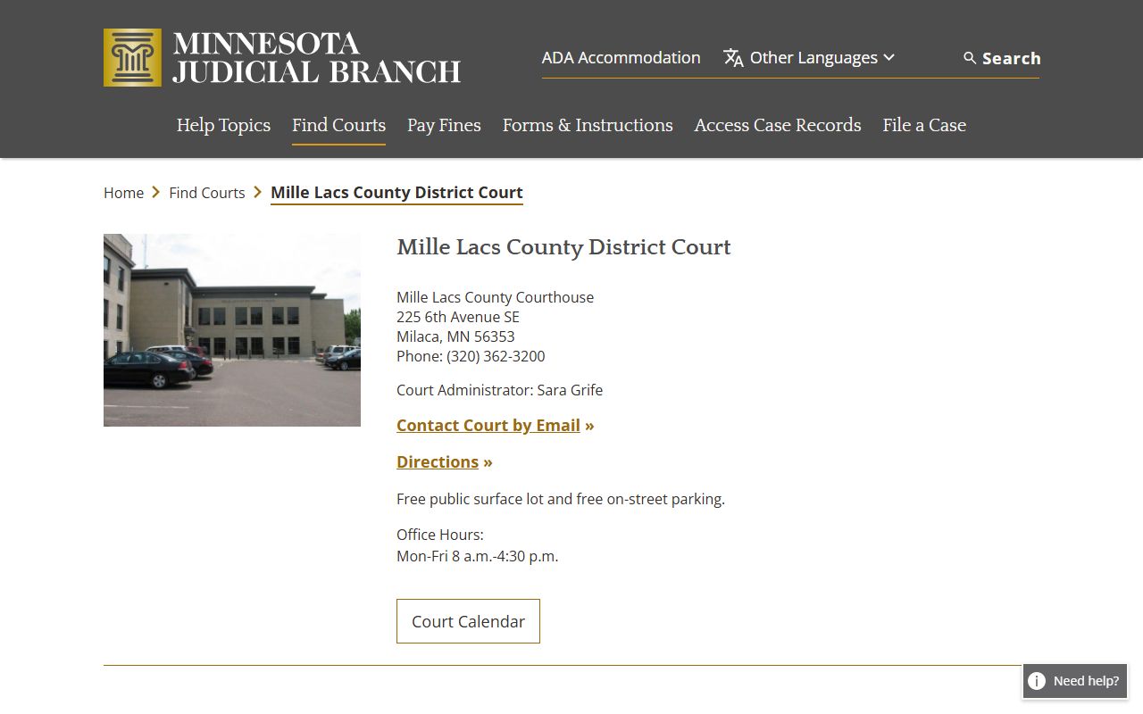 Mille Lacs County District Court page on Minnesota Courts website for criminal history
