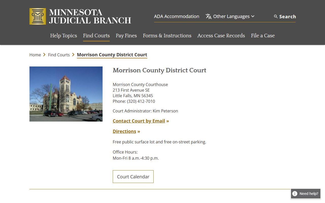 Morrison County District Court on Minnesota Courts website for criminal history records