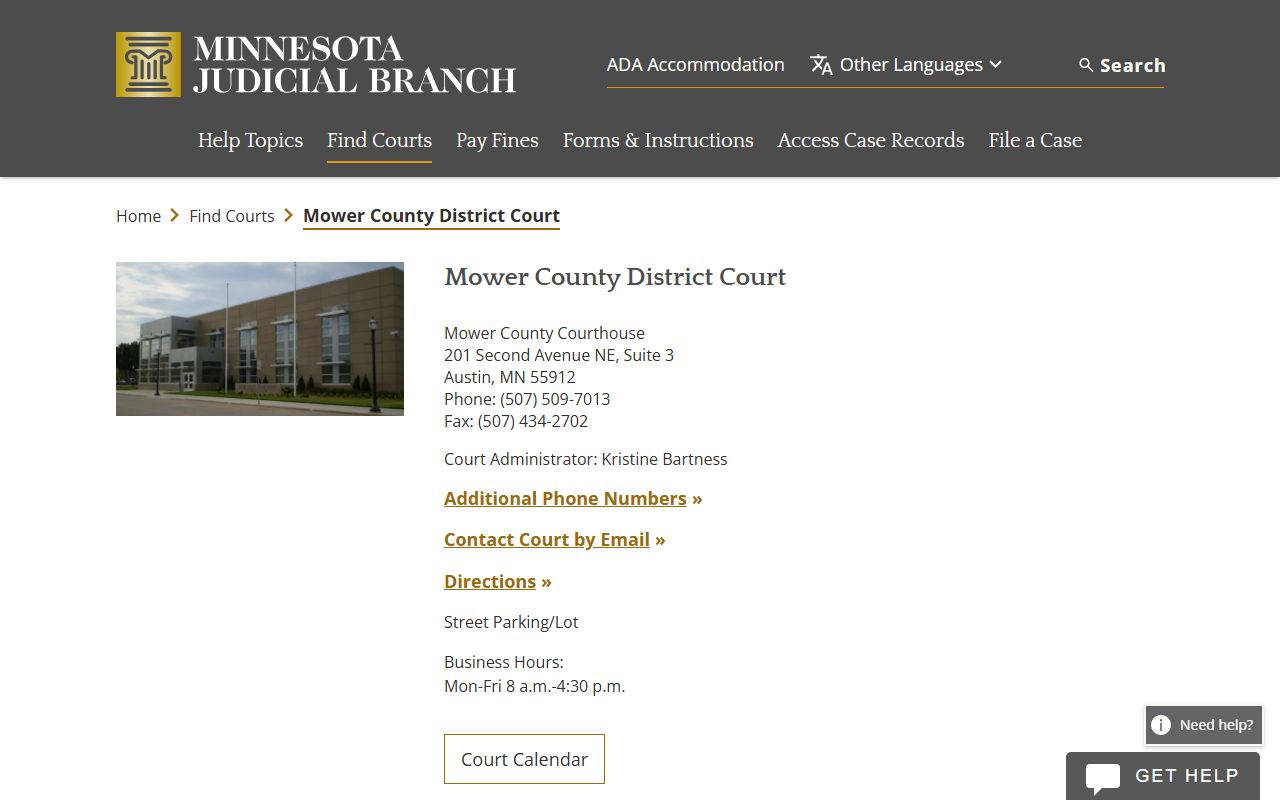 Mower County District Court page on mncourts.gov for criminal history records