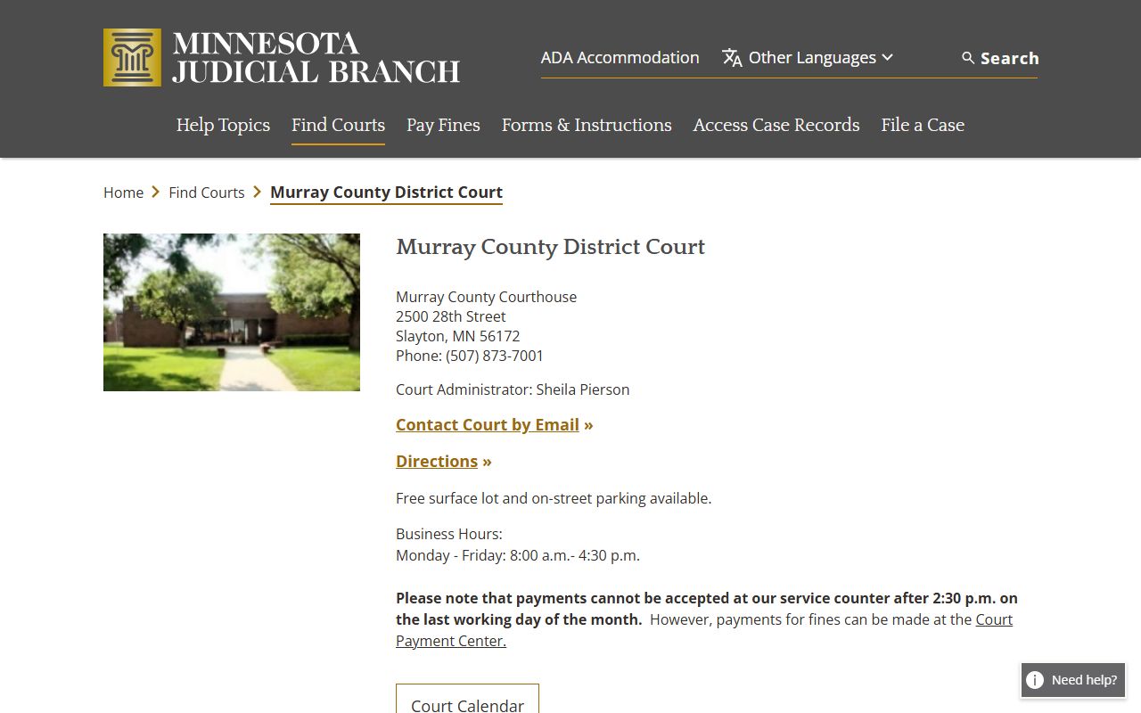 Murray County District Court page on mncourts.gov for criminal history records