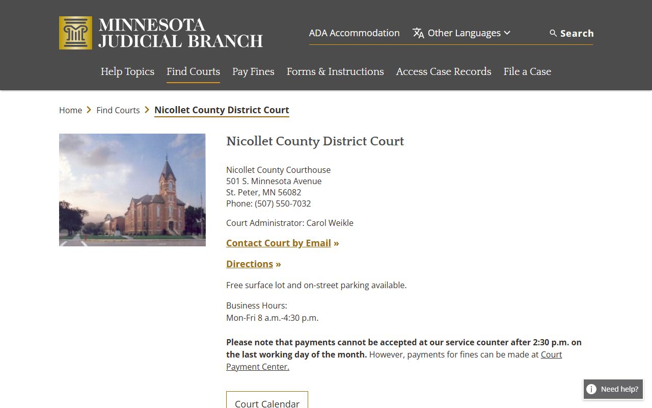 Nicollet County District Court page on mncourts.gov for criminal case records