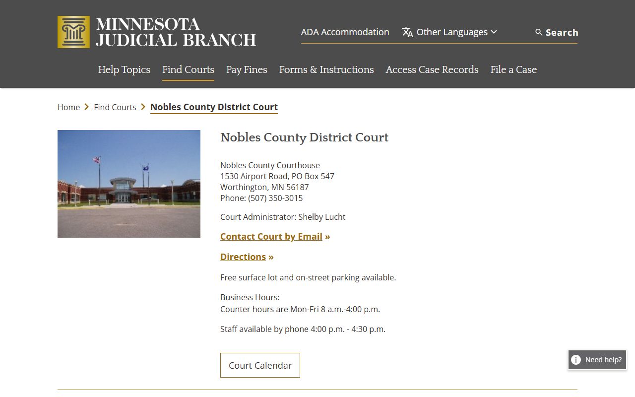 Nobles County District Court page on mncourts.gov for criminal case records