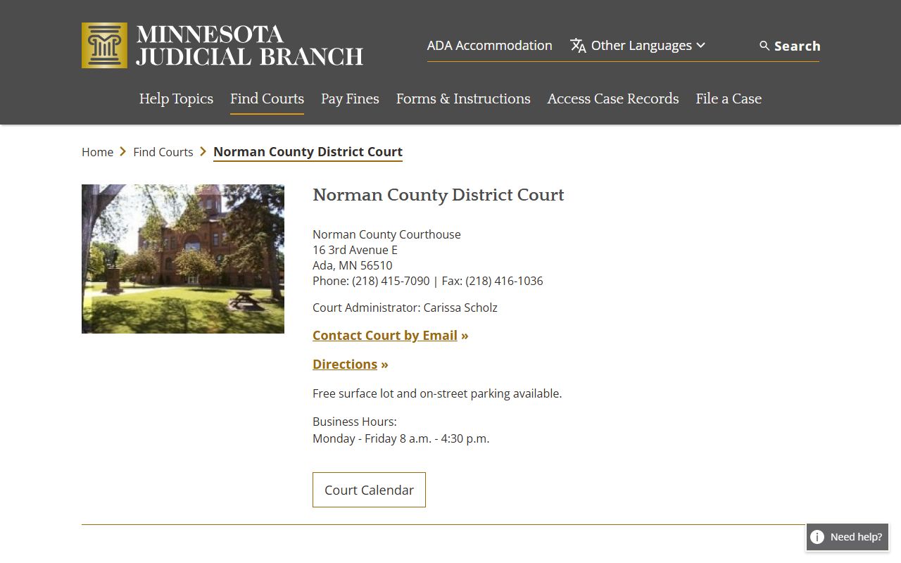 Norman County District Court page on mncourts.gov for criminal history records