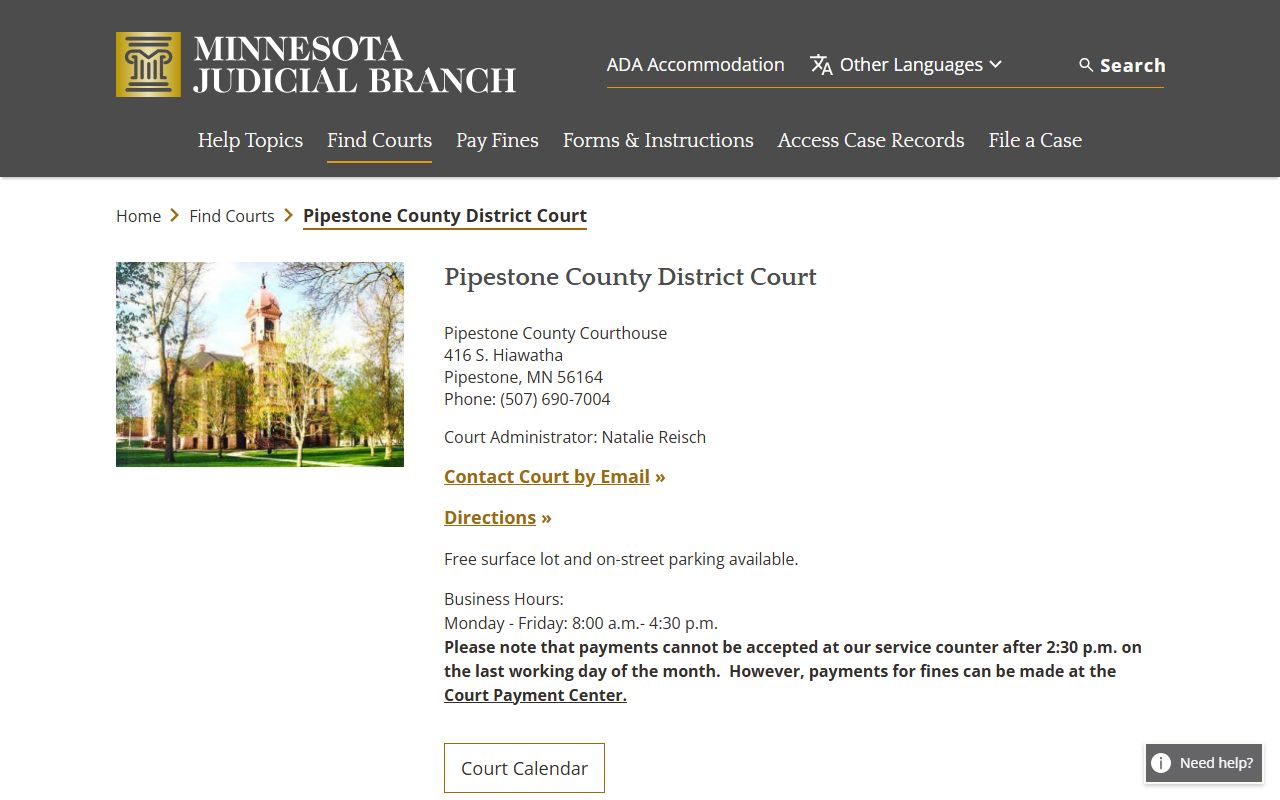 Pipestone County District Court page on Minnesota Courts website for criminal history records