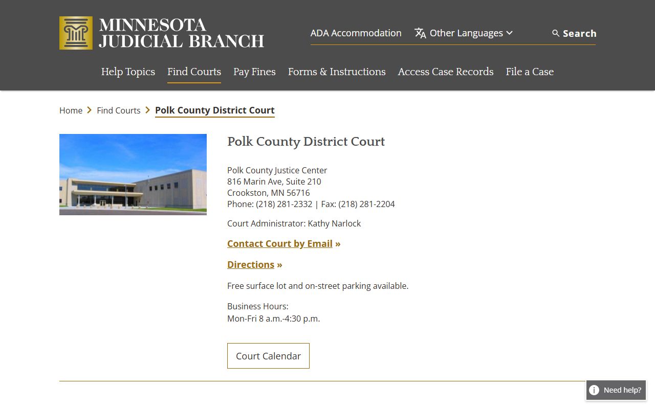 Polk County District Court page on Minnesota Courts website for criminal case lookups