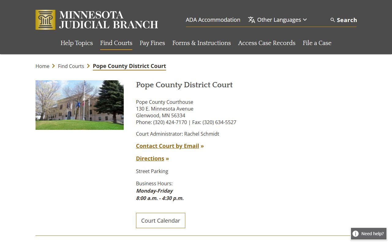 Pope County District Court page on Minnesota Courts website for criminal history records